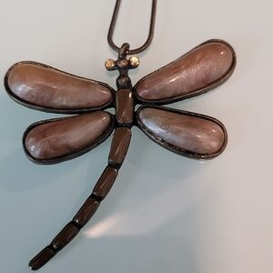 Dragonfly Necklace Light Brown Stone Copper Tone Metal